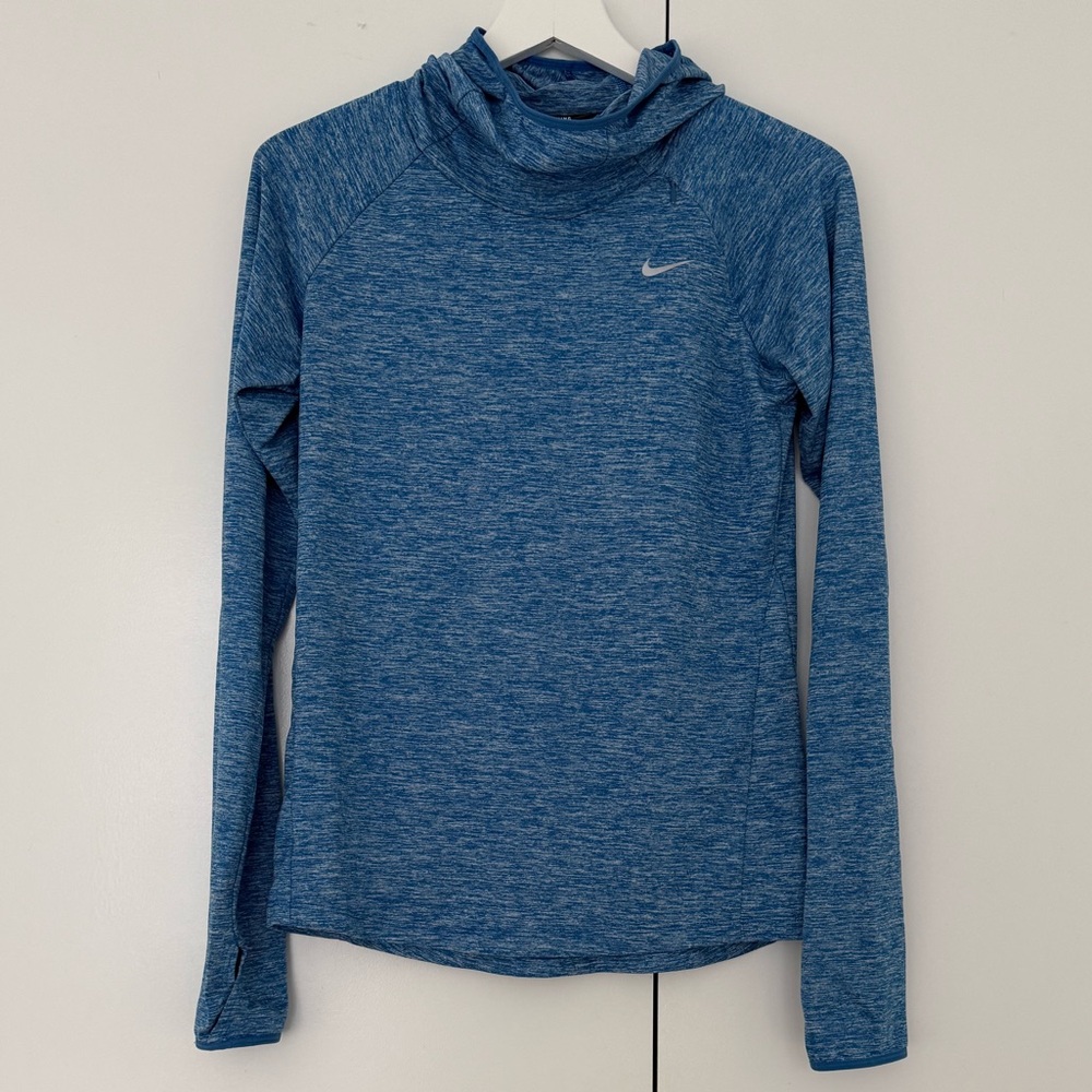 Nike Dri-FIT Funnel Neck Hooded Running Top, Heathered Blue, Women’s S